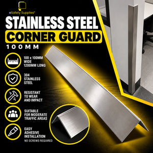Sleek 304 stainless steel wall corner guard measuring 100mm x 100mm x 1200mm with a brushed metal finish.