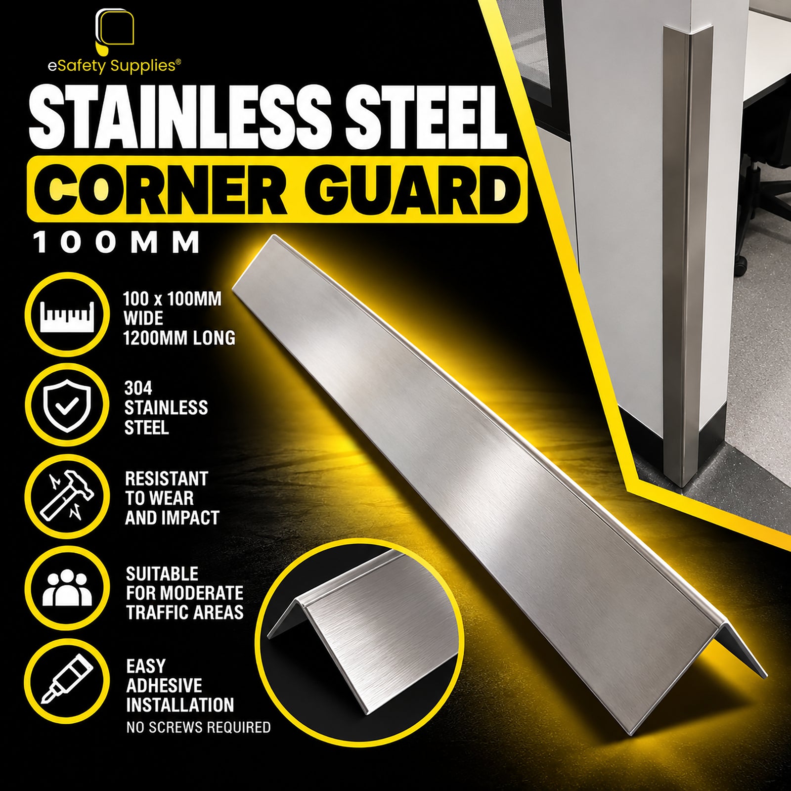 Sleek 304 stainless steel wall corner guard measuring 100mm x 100mm x 1200mm with a brushed metal finish.