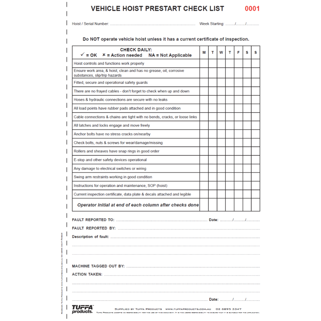 Vehicle Hoist Prestart Checklist Books 0.035 kg