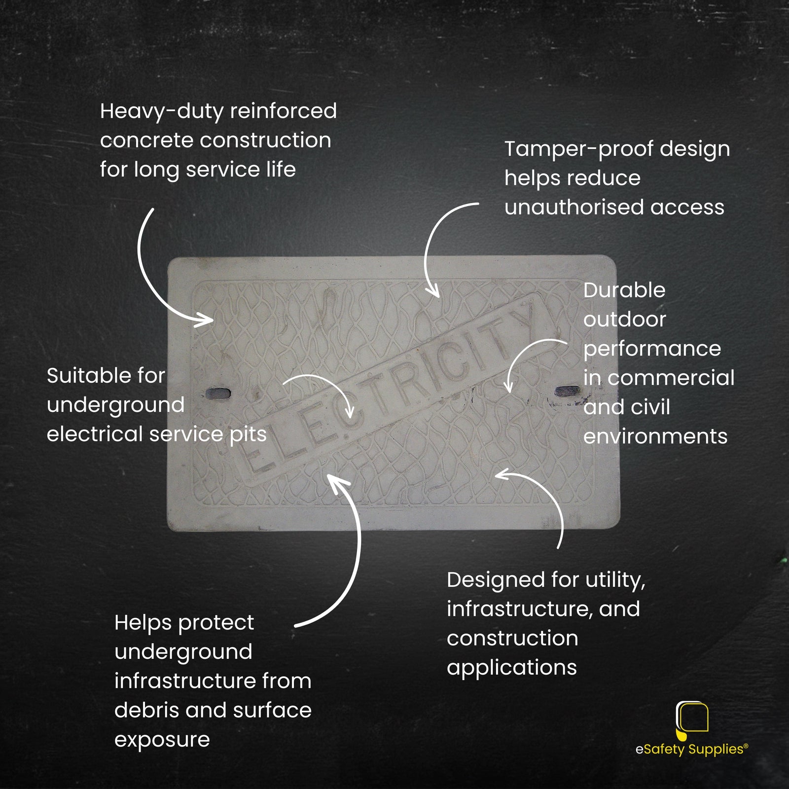 Manufactured with high-density concrete and internal steel reinforcement, allowing the lid to withstand constant pedestrian and light vehicle traffic in commercial environments.
