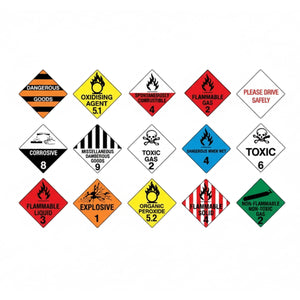 Flip-style dangerous goods sign kit showing various hazard diamond classes for fast identification during vehicle loading.
