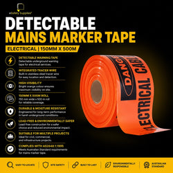 A roll of 150mm wide bright orange detectable electrical mains marker tape featuring an integrated stainless steel tracer wire and clear black warning print.