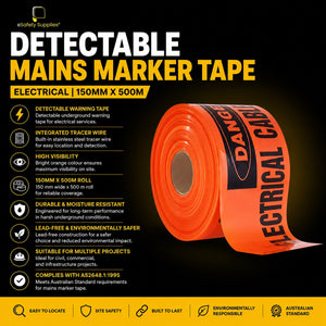 A roll of 150mm wide bright orange detectable electrical mains marker tape featuring an integrated stainless steel tracer wire and clear black warning print.