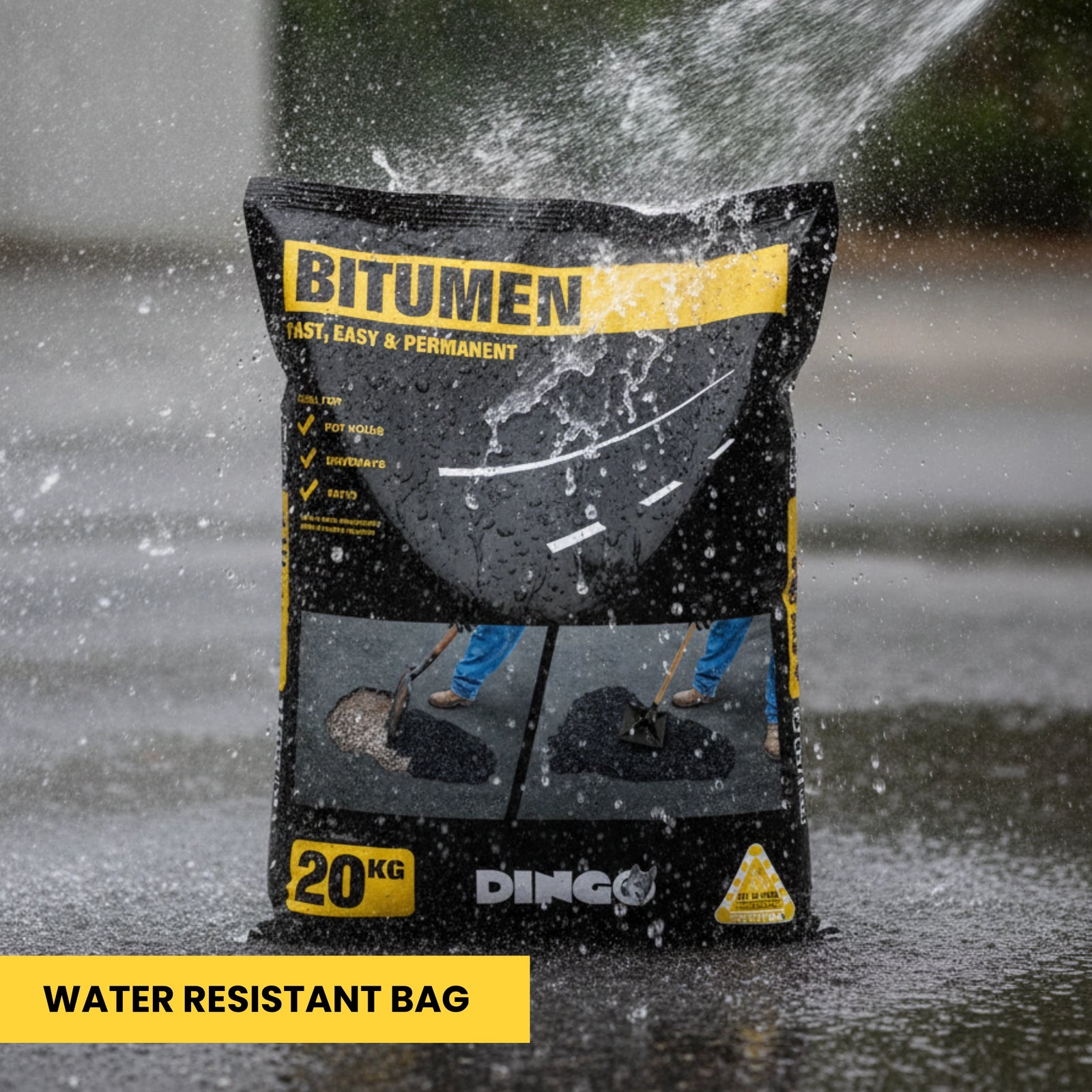 [Dingo Bitumen Quick Repair 20kg Bag], professional-grade cold mix asphalt for instant pothole and driveway repairs.