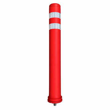 Black semi-flexible 800mm x 100mm traffic post with a central screw dismountable base and retroreflective stripes.