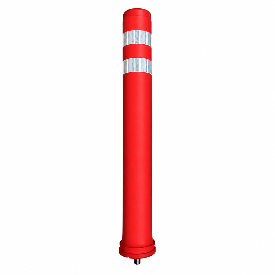 Black semi-flexible 800mm x 100mm traffic post with a central screw dismountable base and retroreflective stripes.