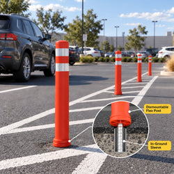Black 800mm x 100mm semi-flexible dismountable traffic post featuring retroreflective bands and a single central screw mounting base.