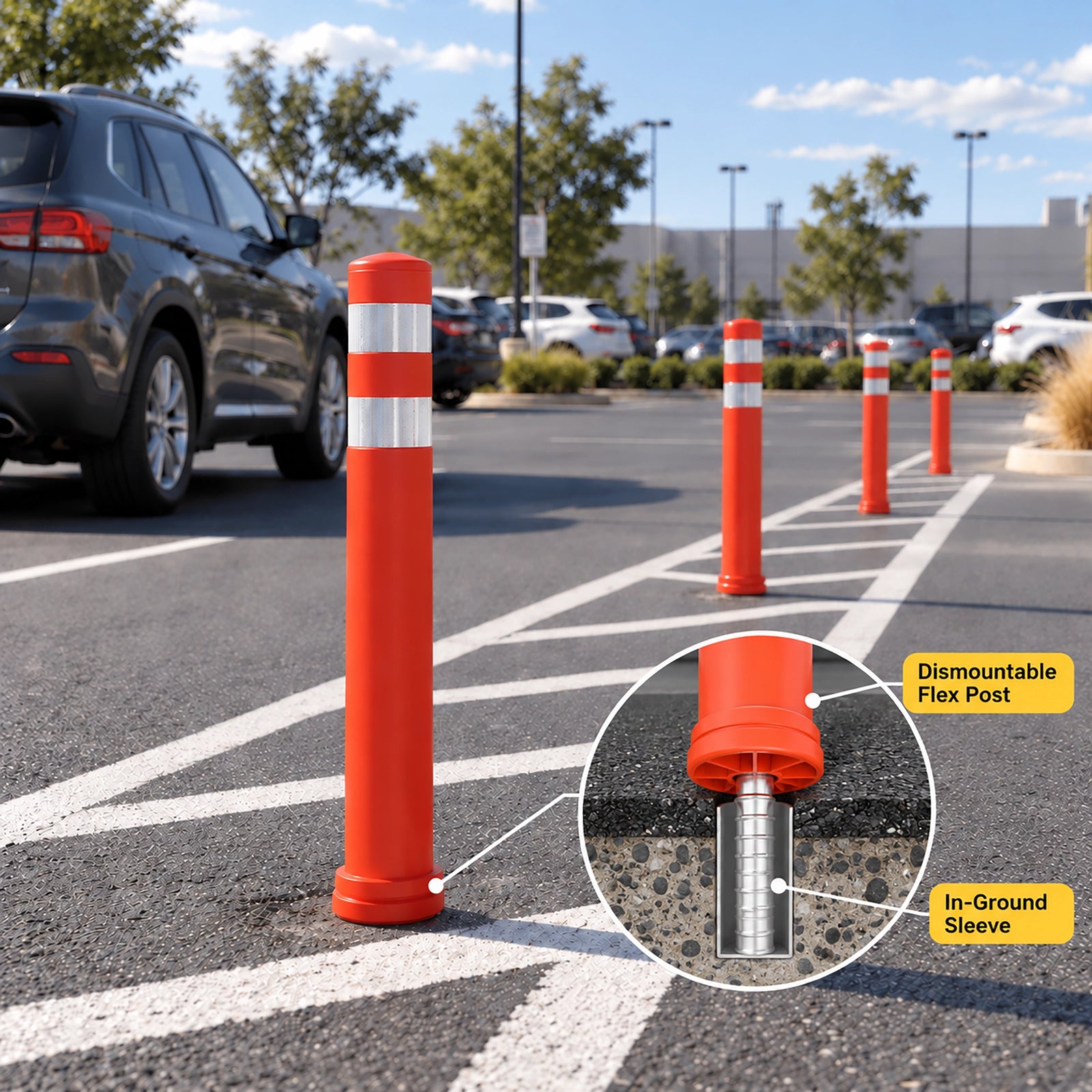 Black 800mm x 100mm semi-flexible dismountable traffic post featuring retroreflective bands and a single central screw mounting base.