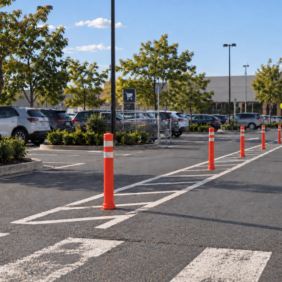 Removable 800mm semi-flexible plastic bollard with a metal-look finish and single surface-fixing center anchor.