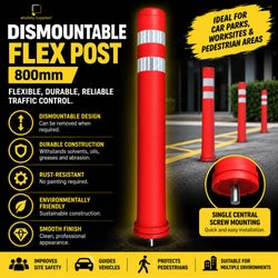 Black 800mm x 100mm semi-flexible dismountable traffic post featuring retroreflective bands and a single central screw mounting base.
