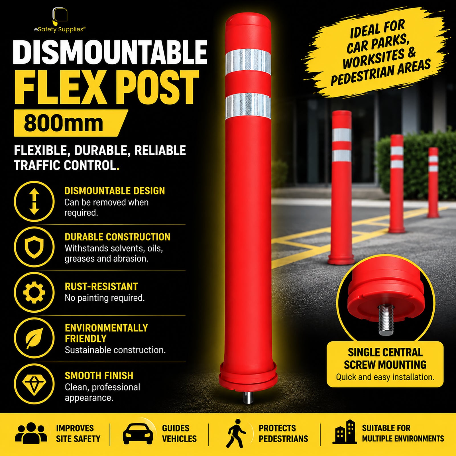 Black 800mm x 100mm semi-flexible dismountable traffic post featuring retroreflective bands and a single central screw mounting base.