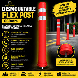 Black semi-flexible bollard with retroreflective bands and a single central screw base for quick pavement mounting.