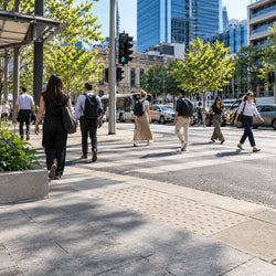 Australian-made concrete hazard warning tactile paver with P5 slip-resistant raised studs for vision-impaired pedestrian navigation.