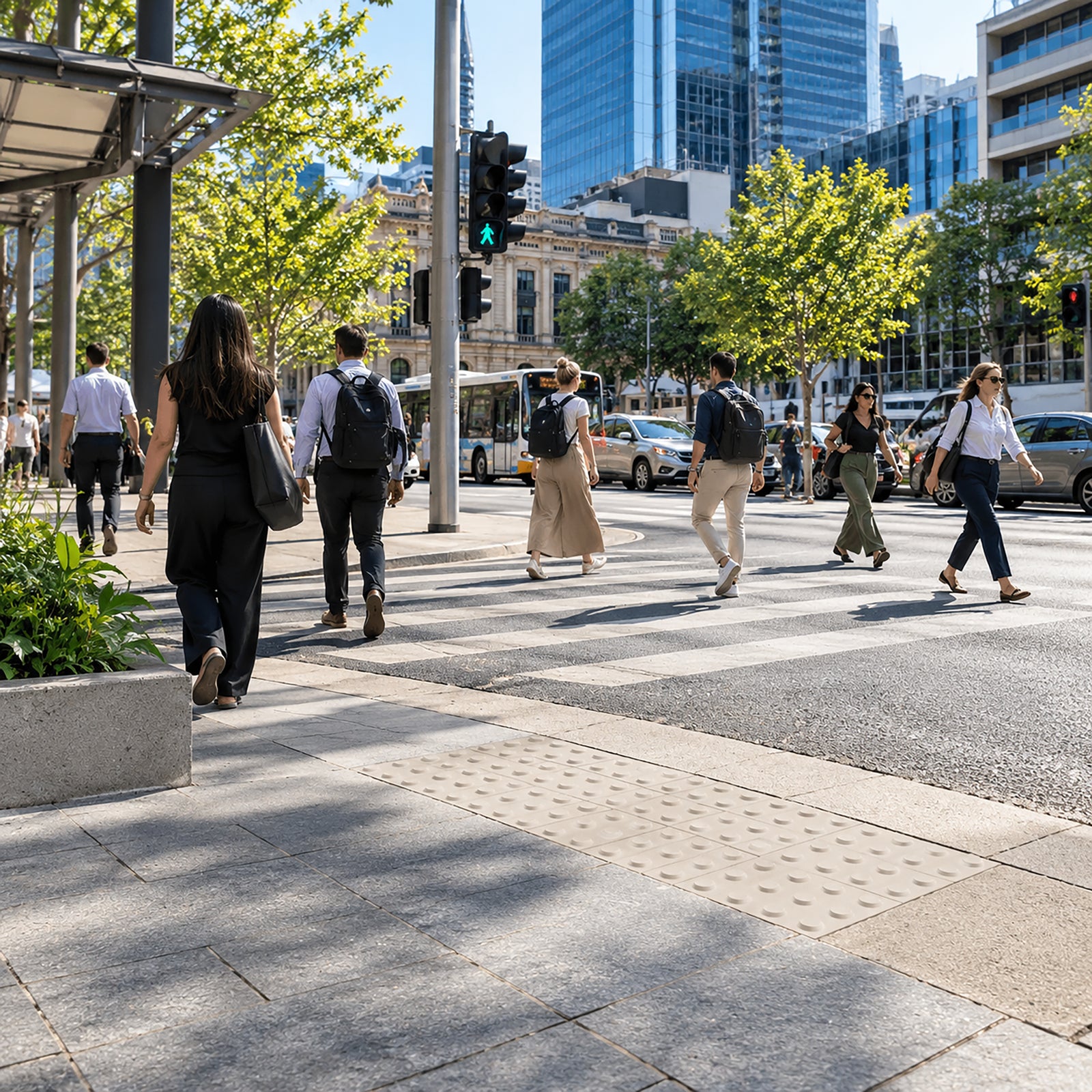 Australian-made concrete hazard warning tactile paver with P5 slip-resistant raised studs for vision-impaired pedestrian navigation.