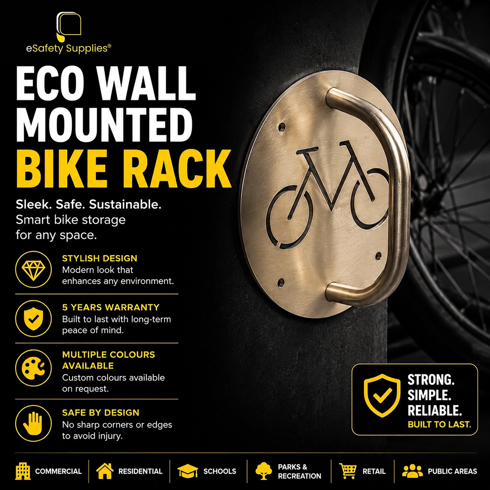 [Eco Wall Mounted Bike Rack], heavy-duty commercial wall-mount bicycle storage bracket showing the 4-point fixing plate.