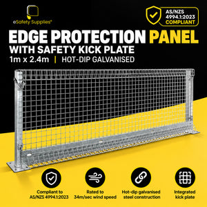 2400mm x 1000mm hot-dip galvanised steel edge protection panel with a 50mm wire mesh infill and integrated kick plate for slab edges.