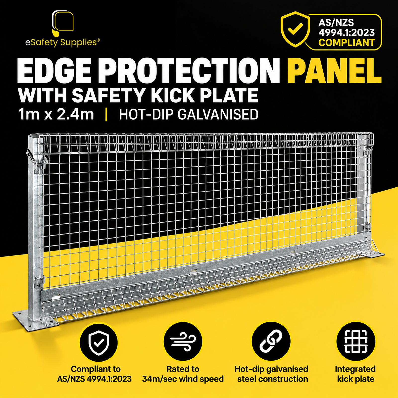 2400mm x 1000mm hot-dip galvanised steel edge protection panel with a 50mm wire mesh infill and integrated kick plate for slab edges.