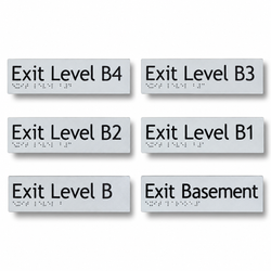 180mm x 50mm textured acrylic braille and tactile basement exit level sign featuring raised lettering and Grade 1 Braille dots for stairwells.