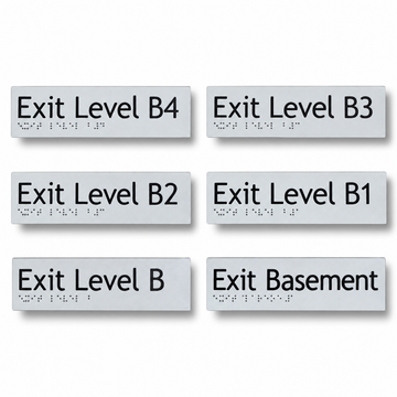 180mm x 50mm textured acrylic braille and tactile basement exit level sign featuring raised lettering and Grade 1 Braille dots for stairwells.