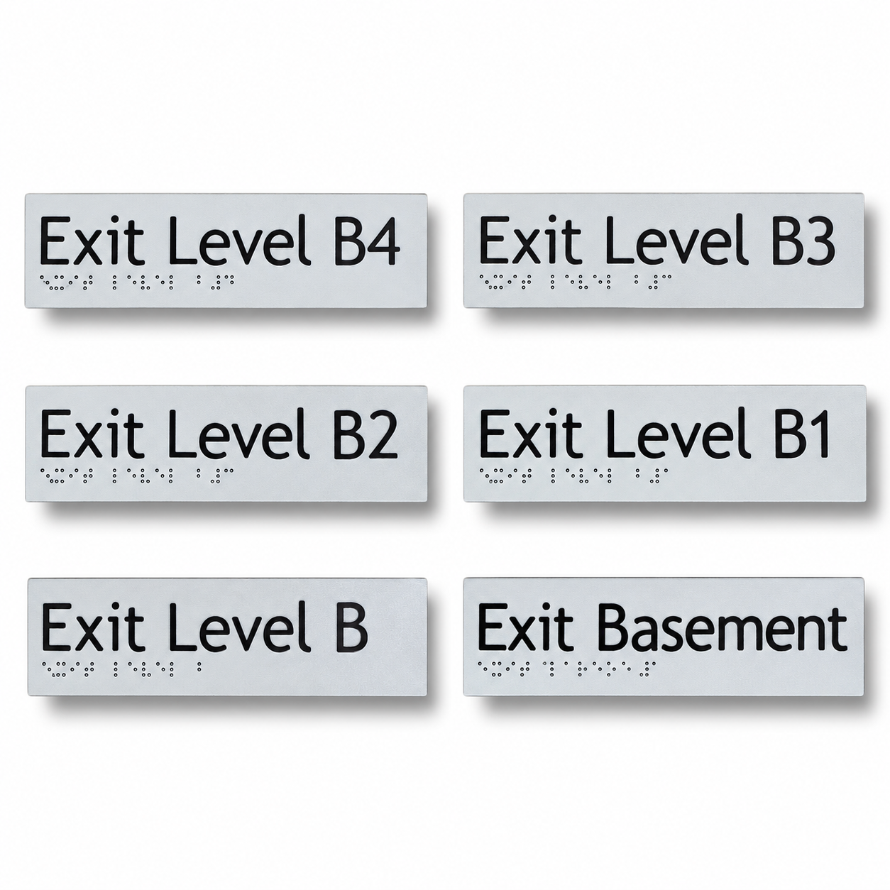 180mm x 50mm textured acrylic braille and tactile basement exit level sign featuring raised lettering and Grade 1 Braille dots for stairwells.