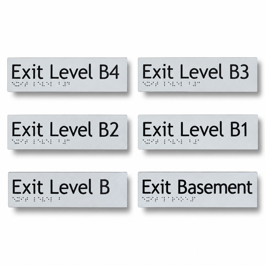 180mm x 50mm textured acrylic braille and tactile basement exit level sign featuring raised lettering and Grade 1 Braille dots for stairwells.