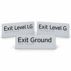 180mm x 50mm textured acrylic braille and tactile exit level sign featuring raised lettering and Grade 1 Braille dots for stairwell identification.