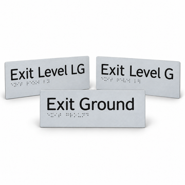 180mm x 50mm textured acrylic braille and tactile exit level sign featuring raised lettering and Grade 1 Braille dots for stairwell identification.