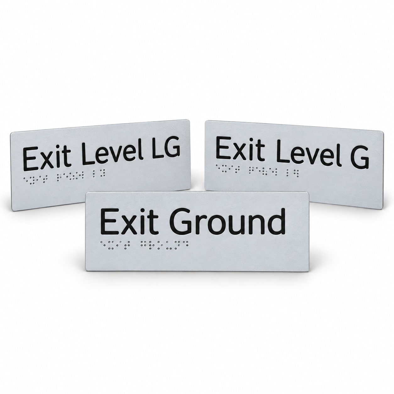 180mm x 50mm textured acrylic braille and tactile exit level sign featuring raised lettering and Grade 1 Braille dots for stairwell identification.