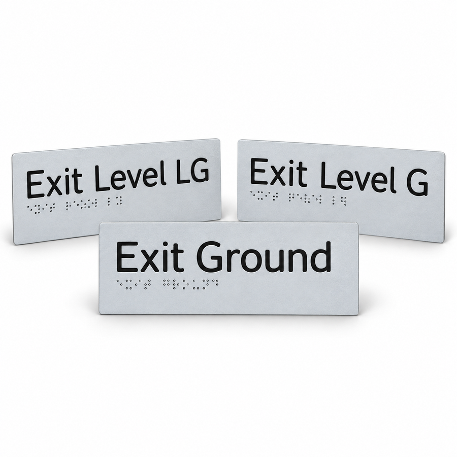 180mm x 50mm textured acrylic braille and tactile exit level sign featuring raised lettering and Grade 1 Braille dots for stairwell identification.