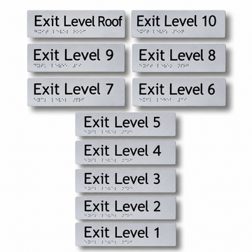 180mm x 50mm textured acrylic braille and tactile stairwell exit level sign featuring raised lettering and Grade 1 Braille dots for upper floor landings.