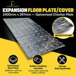 2400mm x 297mm galvanised checker plate expansion joint cover with pre-drilled slotted fixing holes and a 4.5mm rubber underlay.
