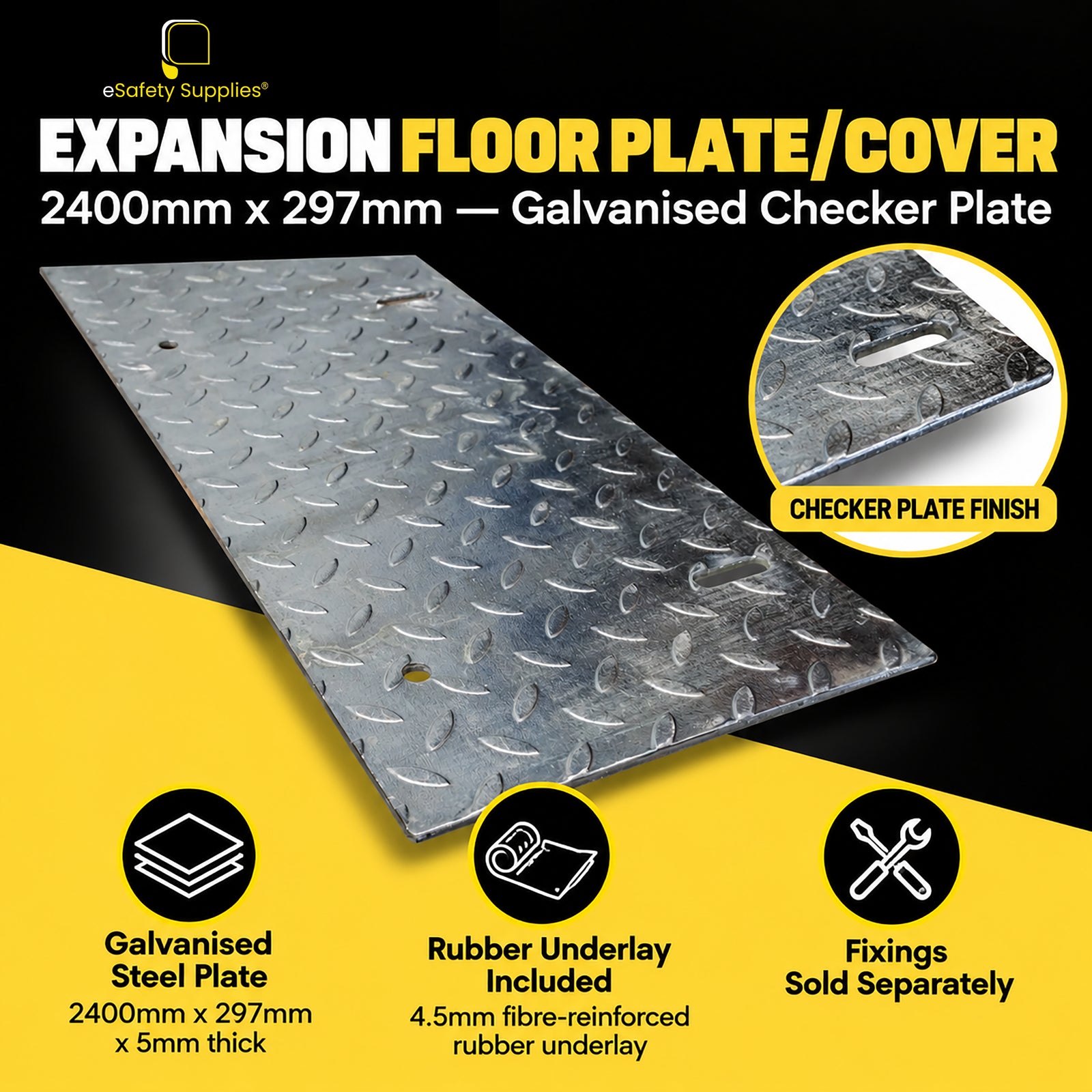 2400mm x 297mm galvanised checker plate expansion joint cover with pre-drilled slotted fixing holes and a 4.5mm rubber underlay.