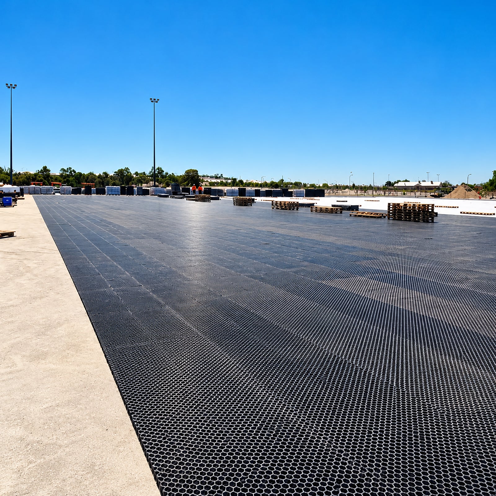 High-strength 20mm plastic drainage cell matrix designed to replace heavy gravel layers in podium decks, planter boxes, and green roofs.