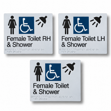210mm x 180mm textured acrylic braille sign featuring raised female pictogram, wheelchair accessibility symbol, shower icon, "Female Toilet & Shower (Accessible)" text, and Grade 1 Braille cells.