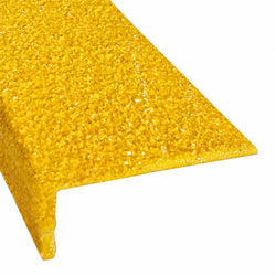 Industrial-grade 70mm x 30mm safety yellow fibreglass stair nosing with an anti-slip textured surface.