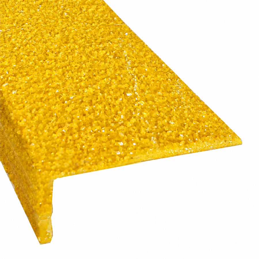 Industrial-grade 70mm x 30mm safety yellow fibreglass stair nosing with an anti-slip textured surface.