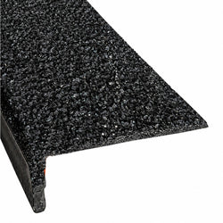 High-visibility yellow grit-coated fibreglass stair tread edging with a 70mm top face and 30mm front drop.