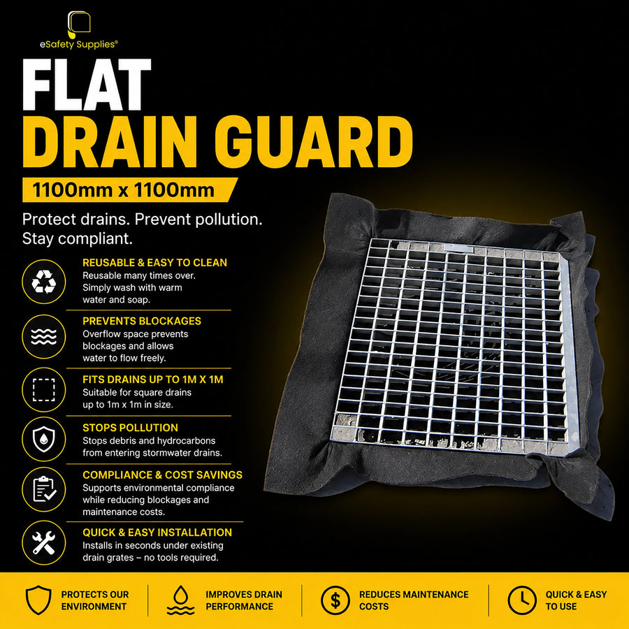 Flat drain guard measuring 1100mm by 1100mm with two integrated oil and fuel absorbent pads, designed to fit beneath a stormwater drain grate.