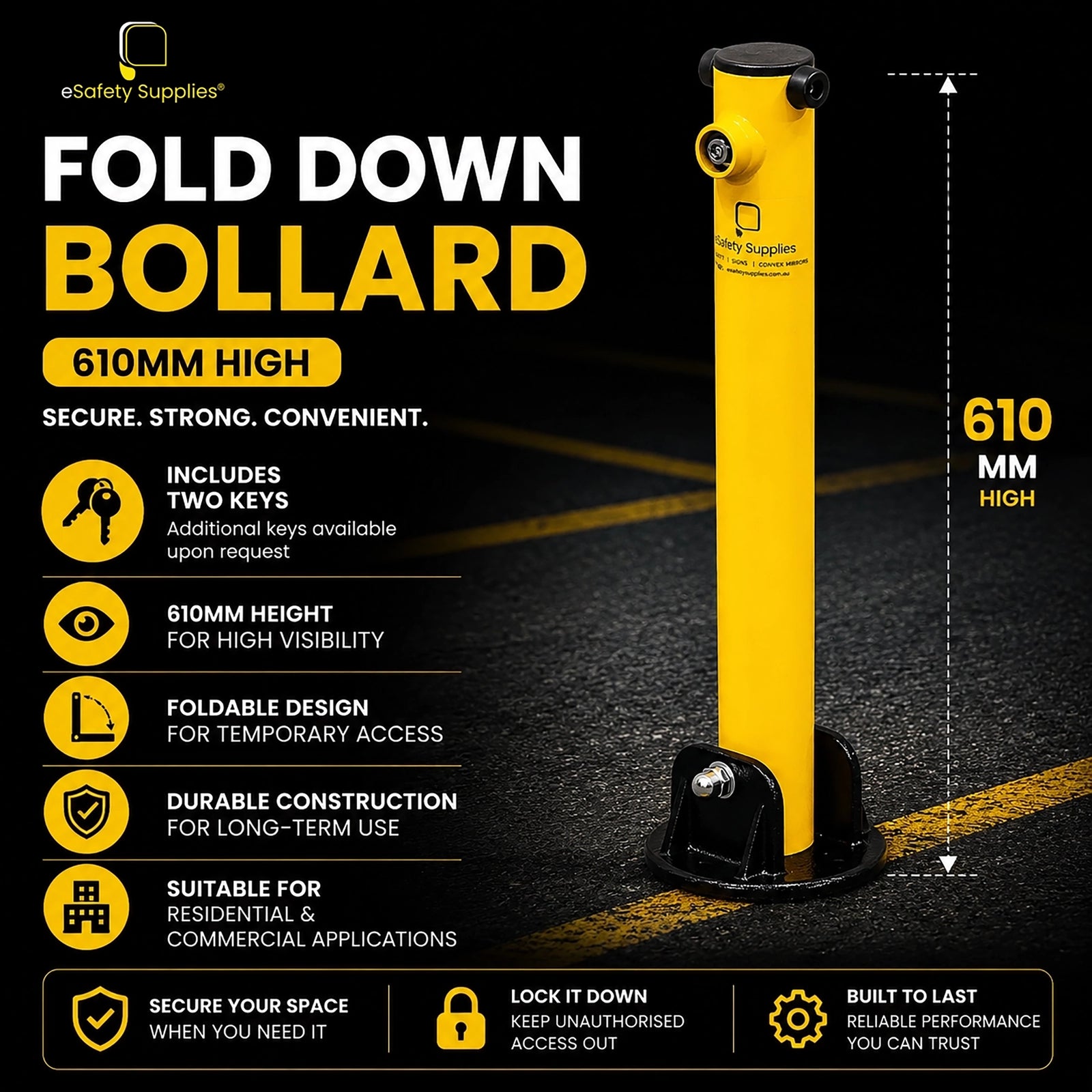 Yellow 610mm fold down steel parking bollard with built-in key lock and pre-drilled base plate.