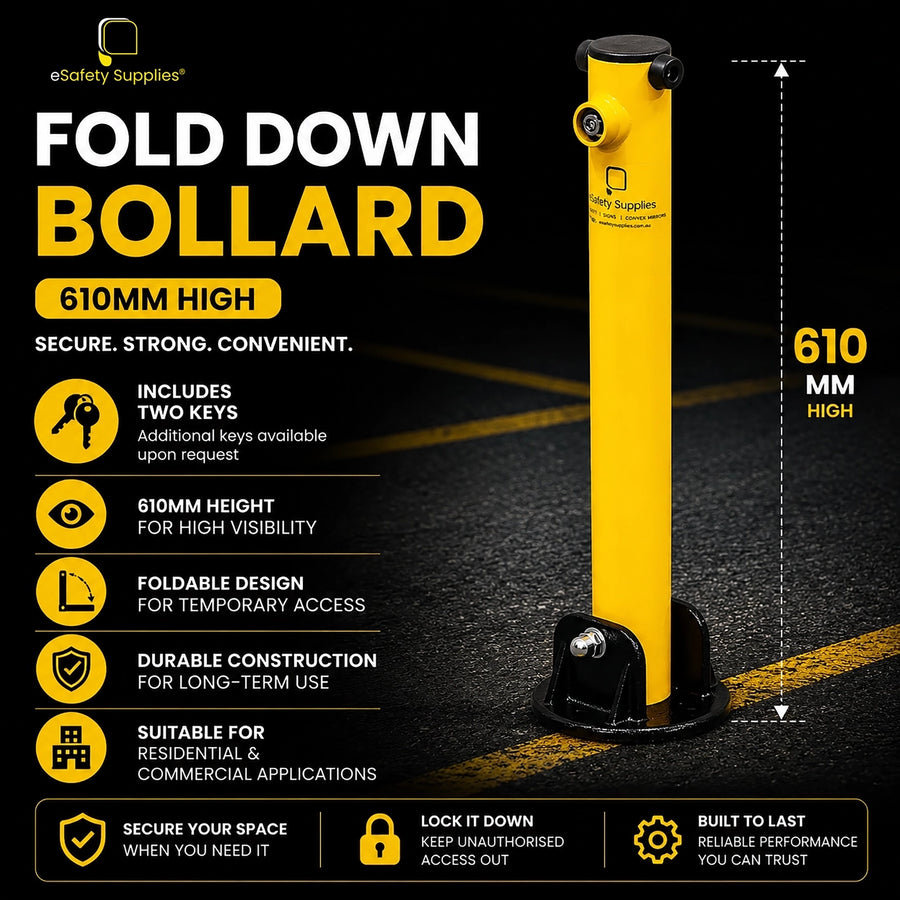 Yellow 610mm fold down steel parking bollard with built-in key lock and pre-drilled base plate.