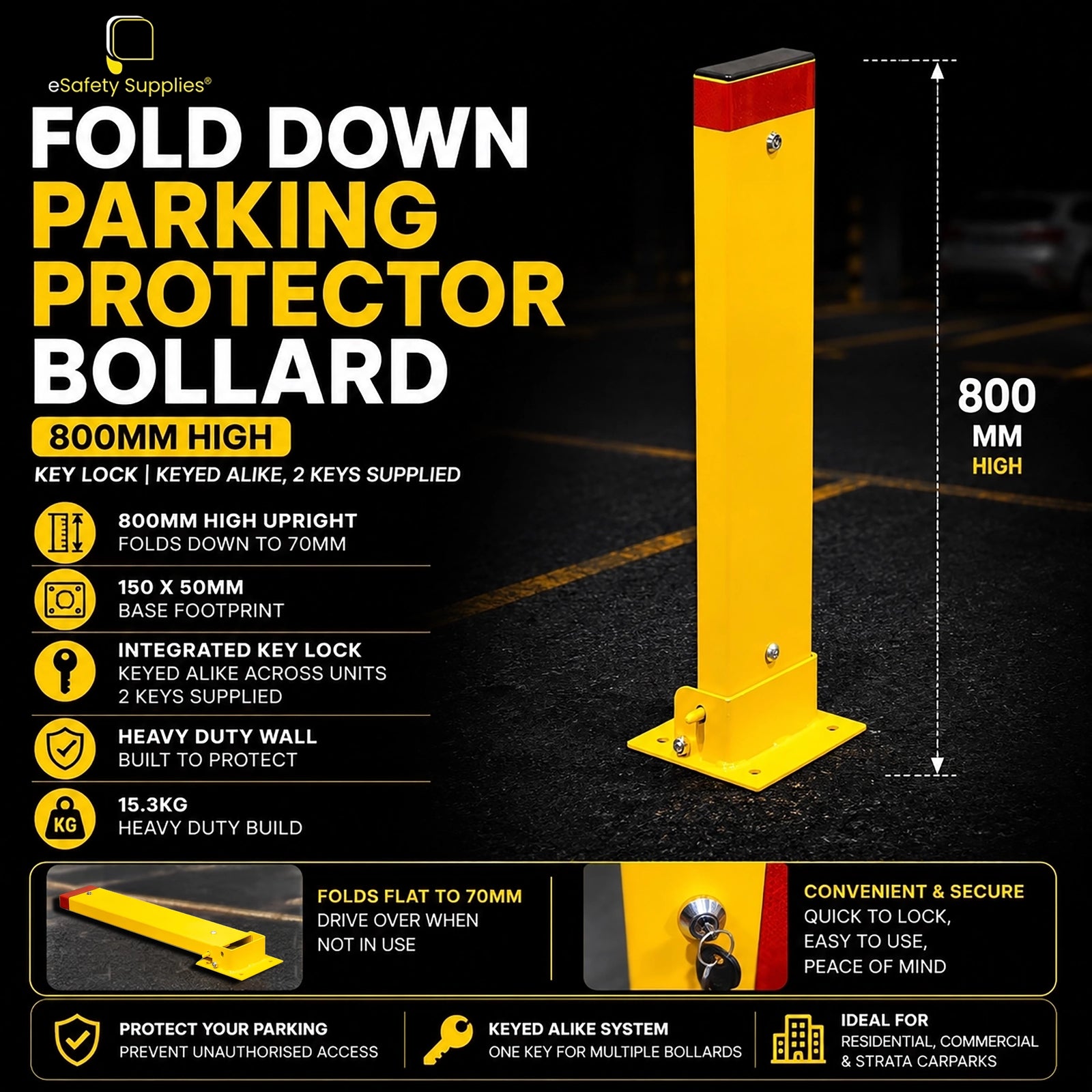 Heavy-duty yellow 800mm fold-down parking bollard with an integrated key lock, folding flat to 70mm for vehicle clearance.
