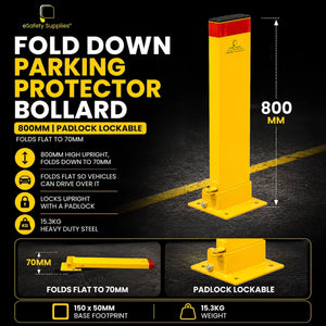 Heavy-duty yellow 800mm fold-down steel parking bollard with a padlock attachment base, folding flat to 70mm for vehicle clearance.