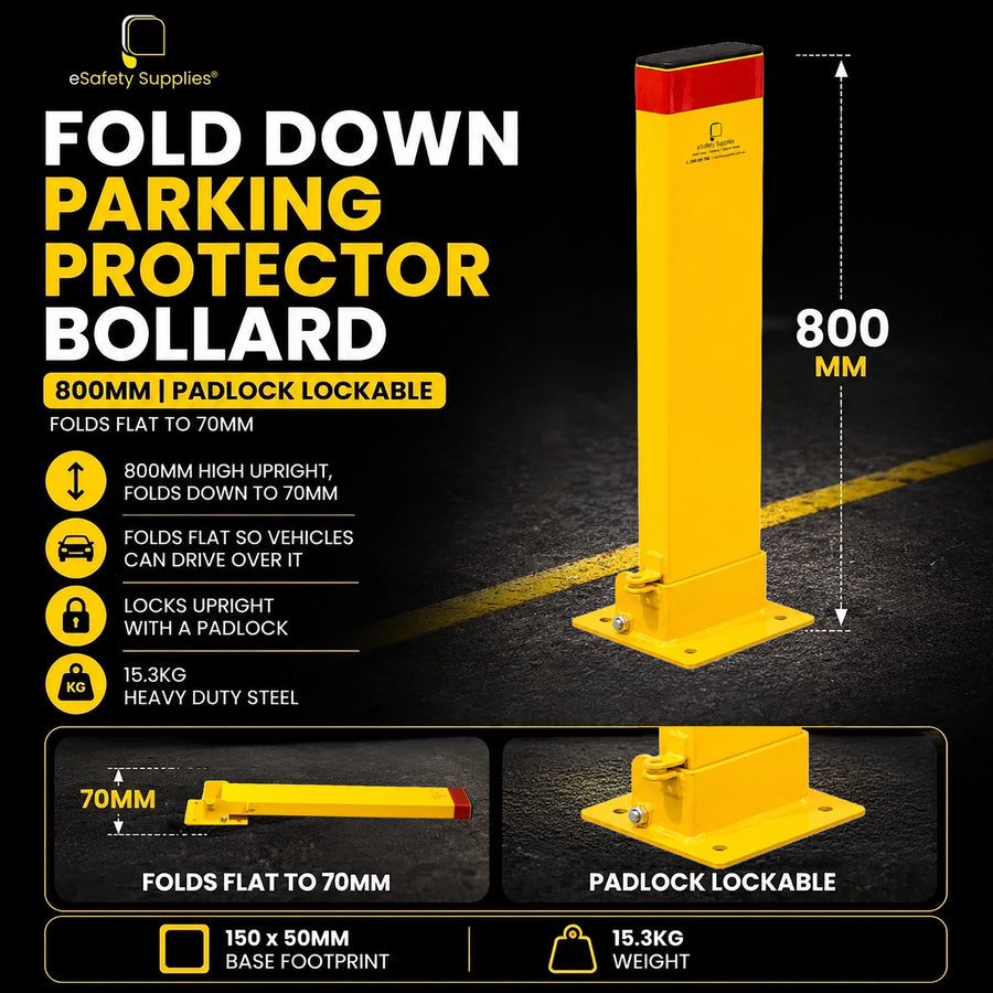 Heavy-duty yellow 800mm fold-down steel parking bollard with a padlock attachment base, folding flat to 70mm for vehicle clearance.