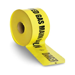 A roll of yellow mains marker tape with black text indicating 'DANGER GAS MAIN BELOW'.