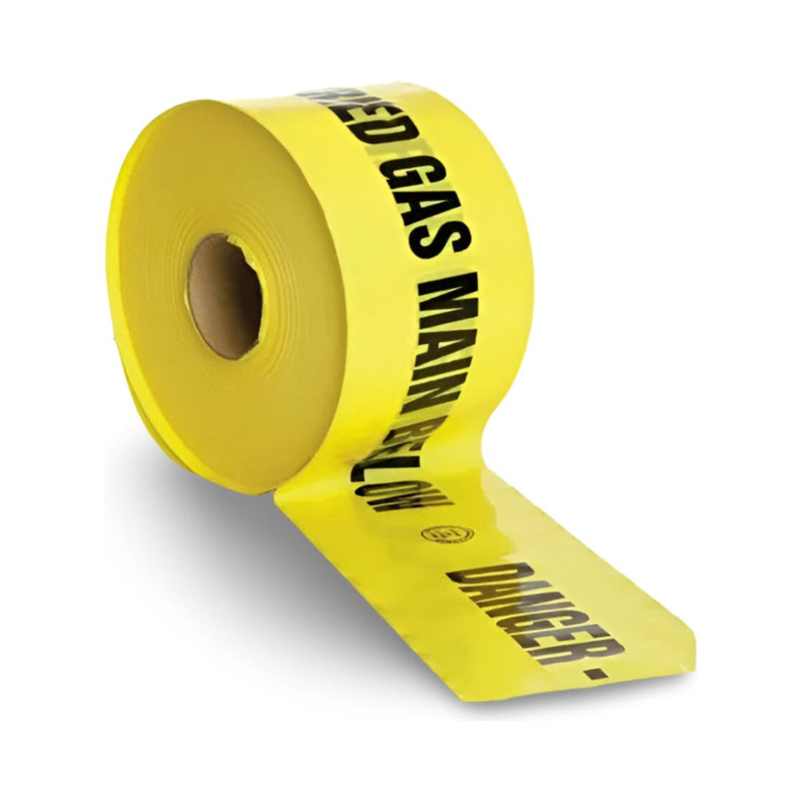 A roll of yellow mains marker tape with black text indicating 'DANGER GAS MAIN BELOW'.