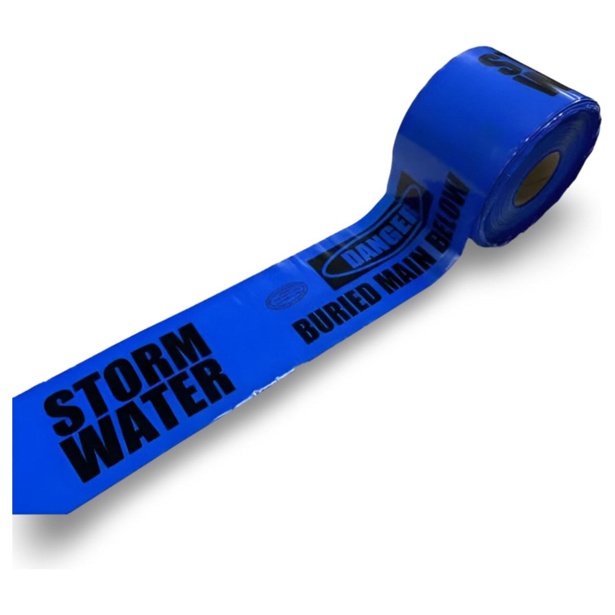 A roll of blue mains marker tape with the words 'STORMWATER' and 'BURIED MAINS DETECTABLE' printed in black.