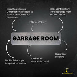 Close-up of the Aluminium Composite Garbage Room Sign, showing the durable brushed finish and high-quality vinyl lettering.