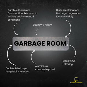 Close-up of the Aluminium Composite Garbage Room Sign, showing the durable brushed finish and high-quality vinyl lettering.