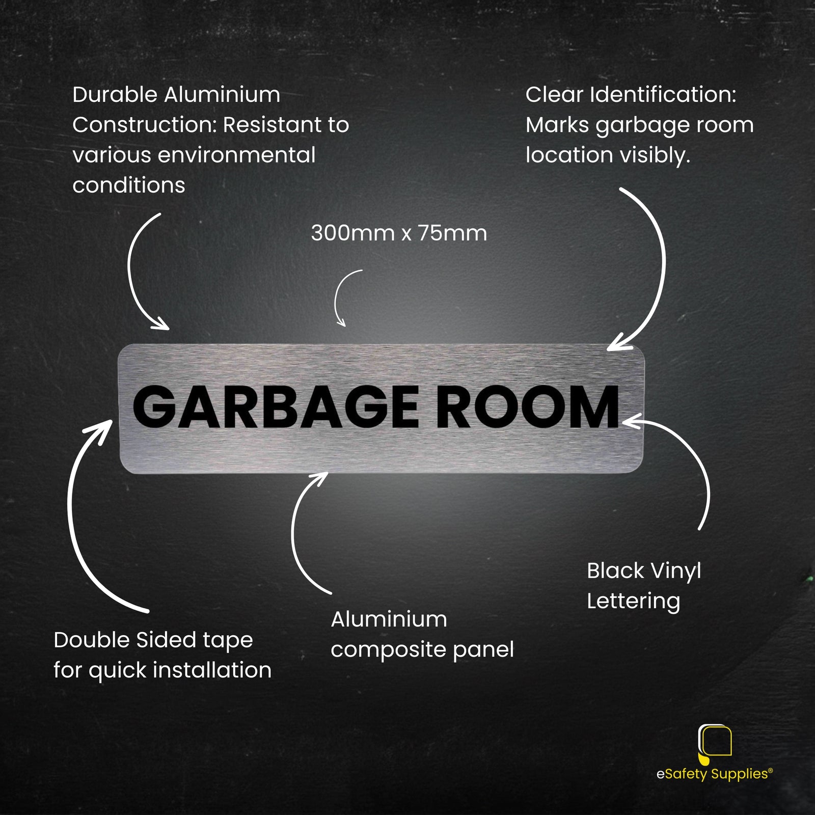 Close-up of the Aluminium Composite Garbage Room Sign, showing the durable brushed finish and high-quality vinyl lettering.