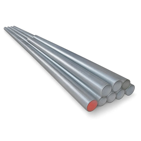 A set of galvanised metal sign posts in various lengths, with a silver color and a capped end on one of the posts.